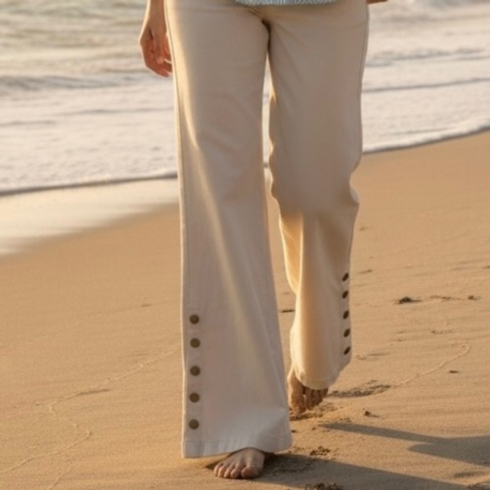 Charlie B Womens Pants Sz 12 Wide Leg Side Button Hem Cream Luxury Denim Sailor